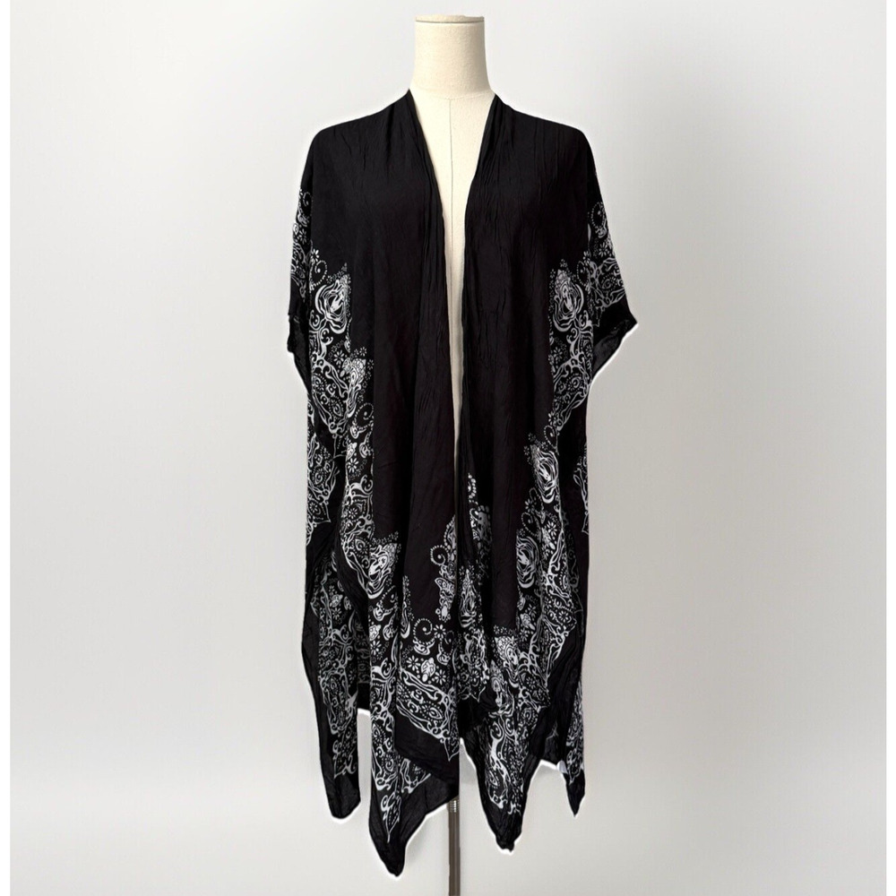 Moss Rose Suit Cover Up Sz OS Kimono Cardigan Medallion Boho Beach Black Viscose